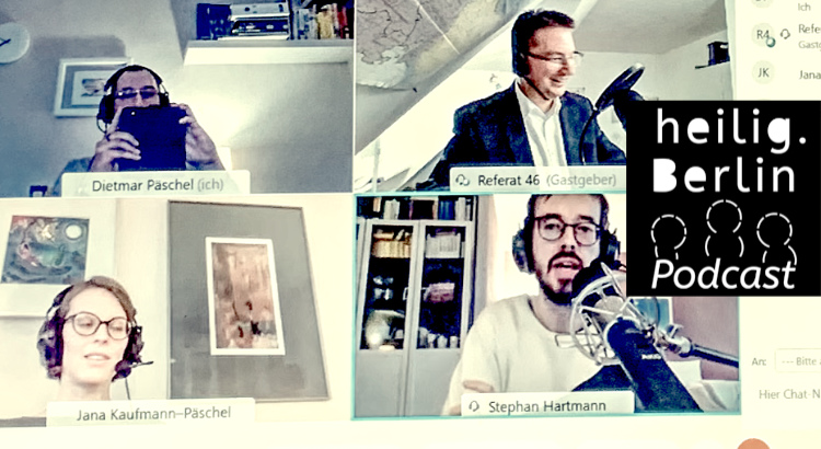 Ein Foto mit Michael Blume, Dietmar Päschel, Jana Kaufmann-Päschel, Stephan Hartmann. Zusätzlich zu sehen das heilig.Berlin Podcastlogo.